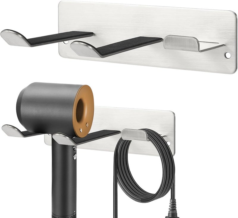 YOUGRIDDA Hair Dryer Holder, Wall Mounted Rack Compatible with All Hair Dryer, Space Organizer for Bathroom/Bedroom/Washroom/Barbershop, 304 Stainless Steel, Self Adhesive (Silver) - Image 1